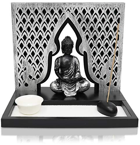 Zen Garden Candle Holder Home Decor - Buddha Incense Stick Holder Office Desk Accessories - Zen Garden Sand Office Decor - Buddha Statue Table Top - 12" x 12"