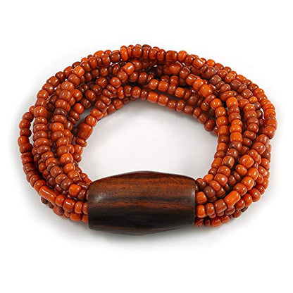 Avalaya Multistrand Dusty Orange Glass Bead with Brown Wooden Bead Flex Bracelet - Medium