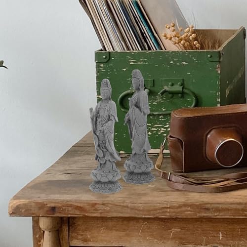 Uonlytech Avalokitesvara Buddha Statue Figurine Desktop Grey Stone Sculpture for Home Office Zen Garden Decoration Meditating Avalokitesvara Sculpture