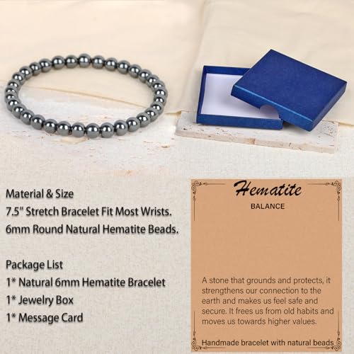 LPBeads Handmade Natural Gemstone Stretch Elastic Bracelet Healing Crystal Round Stone Beads Jewelry Gifts for Women Men - color: Hematite, size: 6mm