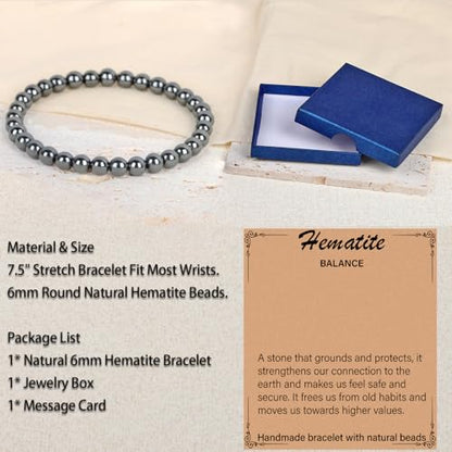 LPBeads Handmade Natural Gemstone Stretch Elastic Bracelet Healing Crystal Round Stone Beads Jewelry Gifts for Women Men - color: Hematite, size: 6mm