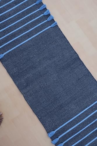 Jaipur Art & Rugs Cotton Yoga Rug - Eco-Friendly Hand-Woven Thick Mat (24”x72”x5mm) for Everyday Fitness at Home - Comfortable & Extra-Long - color: Navy-Sky Blue