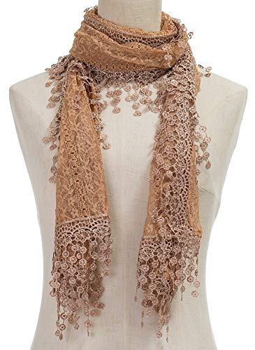 Cindy and Wendy Lightweight Soft Leaf Lace Fringes Scarf Bridal Veils shawl for Women - color: Brown Floral With Fringes