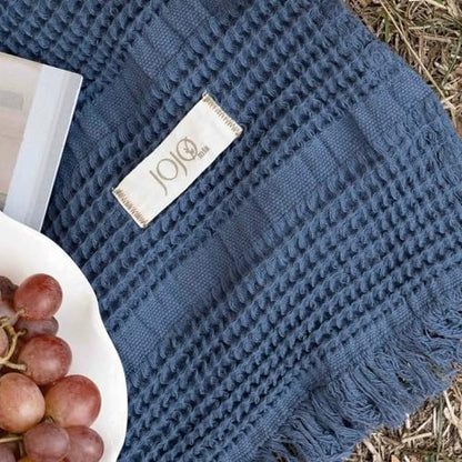 Mira Waffle Throw Blanket with Tassels - 50x66 Inch - 100% Turkish Cotton Tencel Breathable Blend Lightweight Blanket for Couch, Sofa, Bed - color: Denim