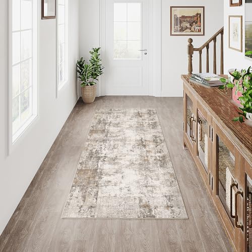2x5 Washable Runner Rug Brown Grey Abstract Non Slip Soft Low Pile Hallway Kitchen Rug Neutral Modern Carpet for Laundry Bathroom Bedroom Living Room Home Decor - color: Brown/Grey, size: 2' x 5' (Runner)