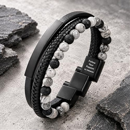 Premium Men’s Bracelet | Leather Bracelet for Men | Beaded Bracelets Black Onyx & Tiger-Eye Beads | Brown Leather Jewelry with Adjustable Stainless-Steel Clasp | Gift Dad Husband Son Boyfriend - color: Black/Grey