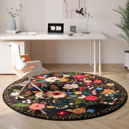 Rugcomf Round Rug 4ft Washable Circle Rug Non Slip Low Pile Boho Floral Small Circular Rug for Bedroom, Bathroom, Entryway, Kids Room, Office, College Dorm(Black)