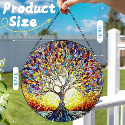 Stained Glass Window Hanging, 8 in Tree of Life Sun Catchers Indoor Window, Stained Glass Suncatcher, Gifts for Women, Her, Wife, Friend and Mom for Mother's Day, Christmas, Birthday - color: Tree of Life