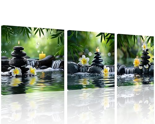 TutuBeer 3 Pcs Zen Canvas Wall Art Spa Art Wall Decor Spa Stone Bamboo White Frangipani Flower with Candles Pictures Prints on Canvas for Home Decor Wall Decor Stretched and Framed 12x12inchx3 - color: Green Zen 2, size: 12x12inchx3