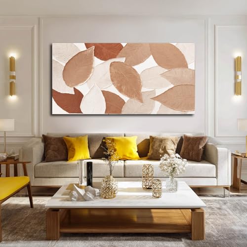 Ocevarin Fall Wall Art Leaves Painting Beige Canvas Modern Neutral Wall Decor Earth Tone Textured Artwork for Living Room Dining Room Kitchen 24"x 48"