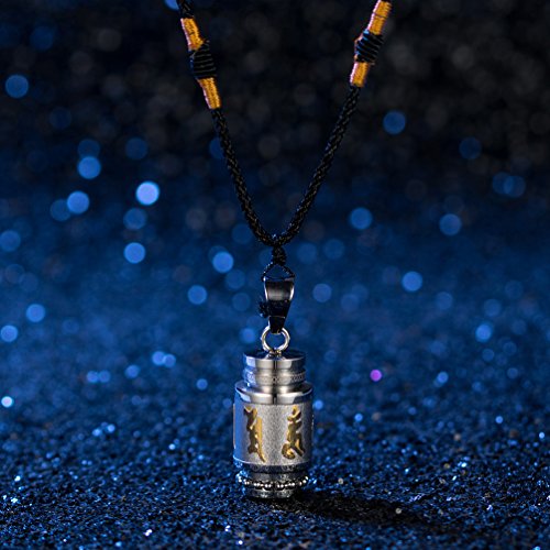 Men's Stainless Steel Open Lucky Buddha Mantra Pendant Necklace Bottle Container Memorial with Braided Rope - color: Mantra - Silver (big)