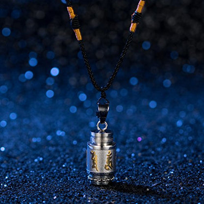 Men's Stainless Steel Open Lucky Buddha Mantra Pendant Necklace Bottle Container Memorial with Braided Rope - color: Mantra - Silver (big)
