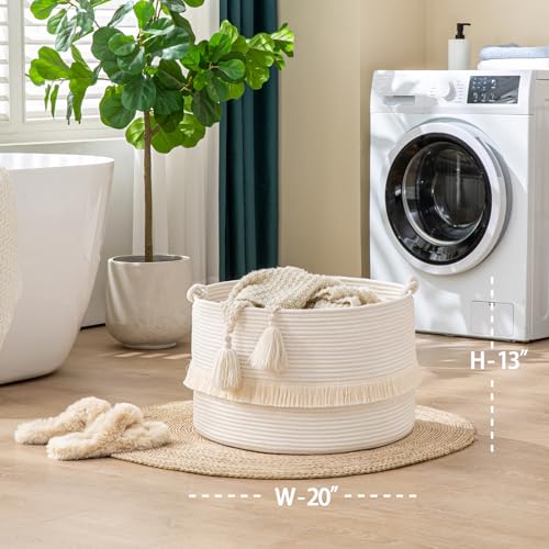 KAKAMAY Large Blanket Basket (20"x13"),Woven Baskets for storage Baby Laundry Hamper, Cotton Rope Blanket Basket for Living Room, Laundry, Nursery, Pillows, Baby Toy chest (White) - color: White