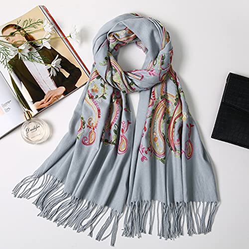 Embroidered Brushed Shawl Paisley Leaves Pattern Scarf Soft Ponchos Wrap Cape With Fringes - color: 042-light Grey