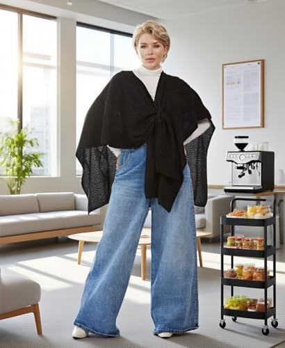 MissShorthair Knit Shawl Wraps for Women Boho Crochet Shawls Cape Open Front Cardigan - color: Black 2