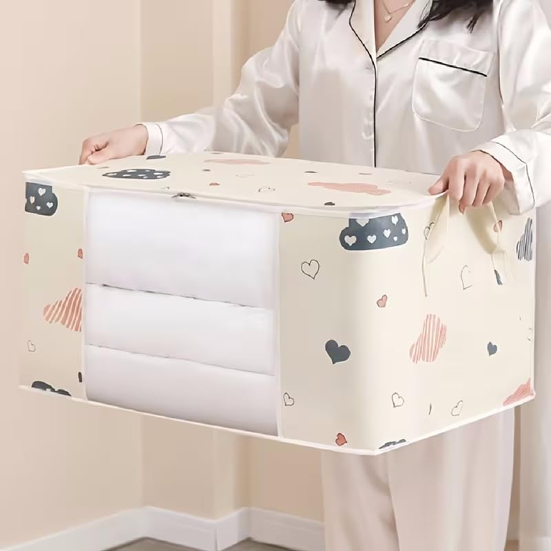 2pcs/set Large Capacity Wardrobe Storage Bag Fabric Dustproof Handles Printed Closet Organizer For Clothes Quilts, Navy&blue