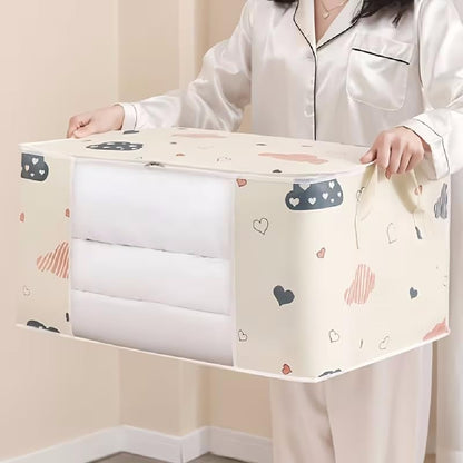 2pcs/set Large Capacity Wardrobe Storage Bag Fabric Dustproof Handles Printed Closet Organizer For Clothes Quilts, Navy&blue