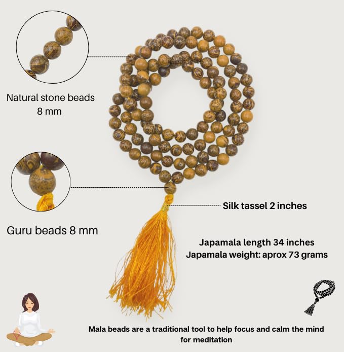 GEMSCITE Japa Mala 108 Prayer Beads Perfect for Meditation Spiritual Mala Necklace & Wrist Mala Bracelet - color: Mariyam Jasper (Calligraphy), size: Without Knots