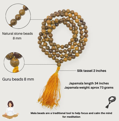 GEMSCITE Japa Mala 108 Prayer Beads Perfect for Meditation Spiritual Mala Necklace & Wrist Mala Bracelet - color: Mariyam Jasper (Calligraphy), size: Without Knots