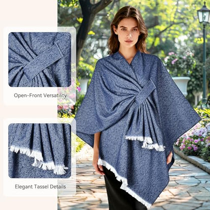 QUIRAI Shawl Wraps for Women, Elegant Pashmina Poncho Shawl for Air Conditioned Rooms,Birthday Gifts for Women Mom Wife - color: Navy Blue
