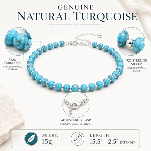 Sheplus 925 Sterling Silver Genuine Turquoise Beaded Necklace for Women,15.5-18 Inch Adjustable Choker Natural Blue Stone Jewelry, Dainty Western Gift for Her