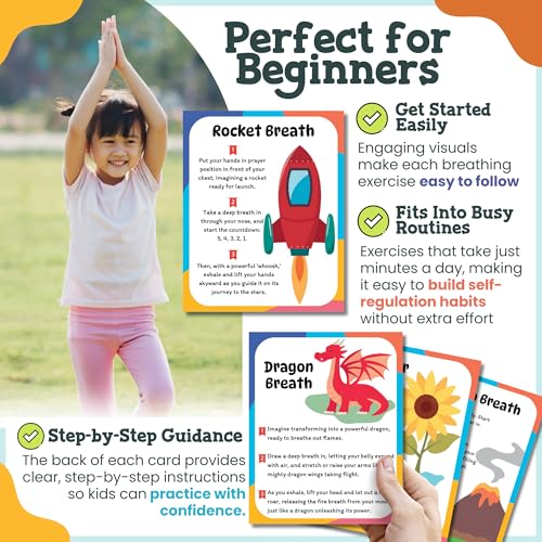 Breathing Cards for Kids – Mindfulness & Calming Corner Kit Must Haves, Yoga & Speech Therapy Materials, Special Education Classroom Office, Social Emotional Learning, Mindful Sensory Play Activities