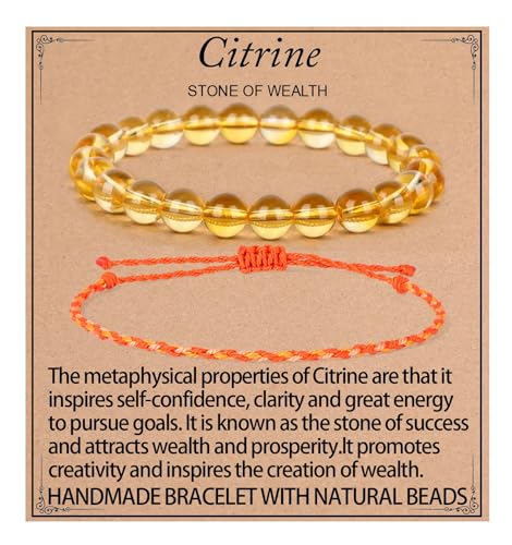 QOGIR 2pcs Handmade Healing Bracelet, Natural Gem Stone Crystal Elastic Bracelet - color: Citrine(Stone of Wealth), size: 8mm