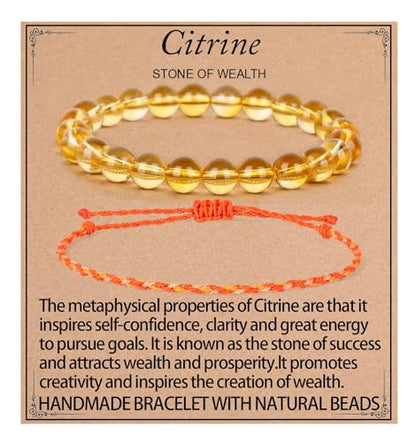 QOGIR 2pcs Handmade Healing Bracelet, Natural Gem Stone Crystal Elastic Bracelet - color: Citrine(Stone of Wealth), size: 8mm