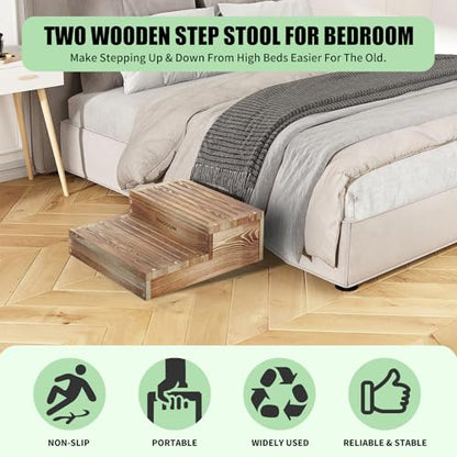 Wooden 2 Step Stool for High Beds, Moderate & Applicable 2-Step Stools for Seniors, Solid Wood steppingStool, Built-in Handle for Easy Carrying, 20.0" W - size: 20.0" W