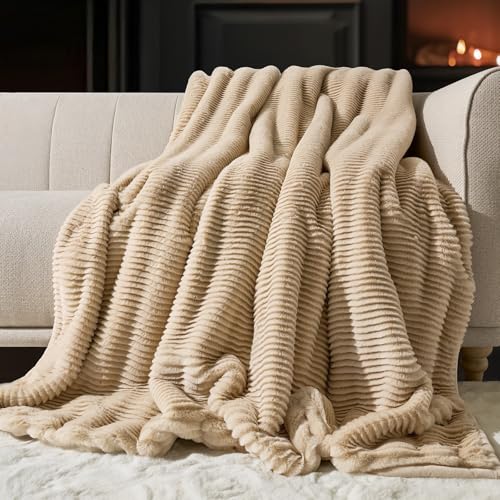 EVERGRACEHOME Ultra Soft Faux Fur Throw Blanket for Couch, Luxury Sculpted Texture Faux Rabbit Fur Blanket for Bed, Fluffy Thick Plush Warm Fuzzy Throw, 920GSM (Beige, 50''x60'') - color: Beige, size: 50''x60''