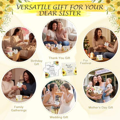 Yookeer Sister Gifts from Sisters, Unique Sister Birthday Acrylic Puzzle Shaped Plaque Sunflower Desk Decorations and Card Present for Big Sisters Mothers Day Wedding Graduation Birthday