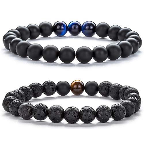 Men Women 8mm Tiger Eye Stone Beads Bracelet Elastic Natural Stone Yoga Bracelet Bangle - color: A-2 Pcs Set 3-21003