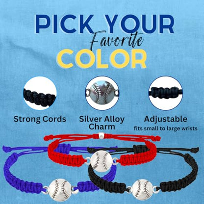 Sportybella - Baseball Bracelet, Baseball Jewelry, Adjustable Braided Baseball Bracelet, Baseball Gifts, Baseball Accessories - color: Red