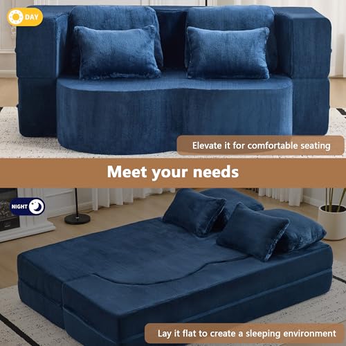 2-in-1 Folding Sofa Bed with Pillow, No Assembly Futon Twin Size Sofa Bed, Breathable Velvet Convertible Couch Bed for Living Room and Guest Room, 78.7 Inch, Blue - color: Blue-78.7", size: 2 seat