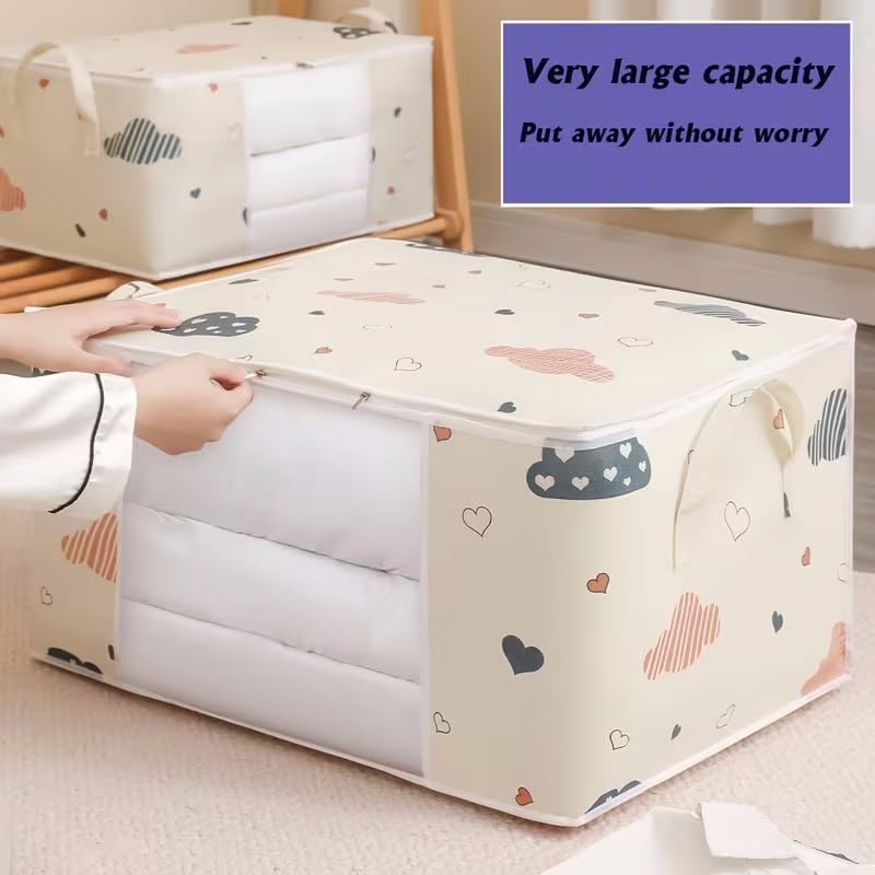 2pcs/set Large Capacity Wardrobe Storage Bag Fabric Dustproof Handles Printed Closet Organizer For Clothes Quilts, Navy&blue
