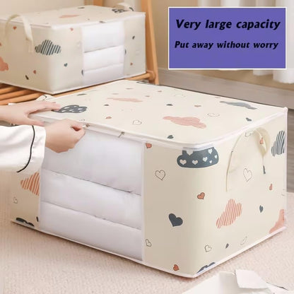 2pcs/set Large Capacity Wardrobe Storage Bag Fabric Dustproof Handles Printed Closet Organizer For Clothes Quilts, Navy&blue