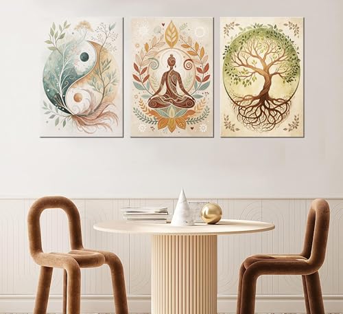 3 Pcs Tree of Life Canvas Wall Art Lotus Zen Painting Pictures Wall Decor Yin Yang Taichi Spiritual Prints Posters for Living Room Yoga Room Hotel Bedroom Home Decor 16x24in Framed - size: 24L"×16W" canvas