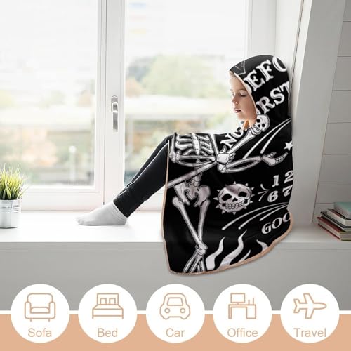 Skull Skeleton Witch Board Tarot Black Art Large Size Comfortable Hooded Blanket, Warm Blanket 40"x50" - color: Skull Skeleton Witch Board Tarot Black Art, size: 40"x50"
