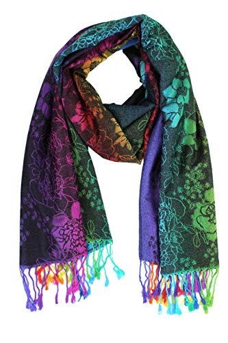 PASKMLNA Double Side Multi Colors Silky Tropical Colorful Exotic Pashmina Wrap Shawl Scarf Rave - color: 051-navy Multi Feathers