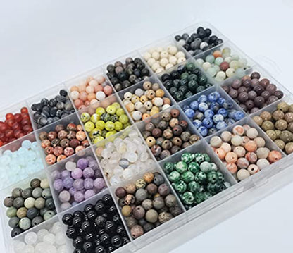 1200pcs 6mm Natural Round Stone Beads - Gemstone Loose Beads Hole Size 1mm for Bracelet Necklace Earrings Jewelry Making, Box Packed (24 Material-2, 6mm) - color: 24 material -2,6mm, size: 6mm