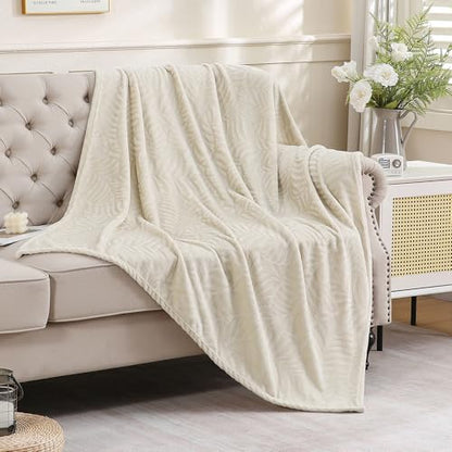 Super Soft Flannel Fleece Throw Blanket, Lightweight Cozy Warm Leaves Textured Plush Blanket for Bed Couch Sofa, 60 x 80 Inches, Linen - color: Linen, size: 60x80 IN