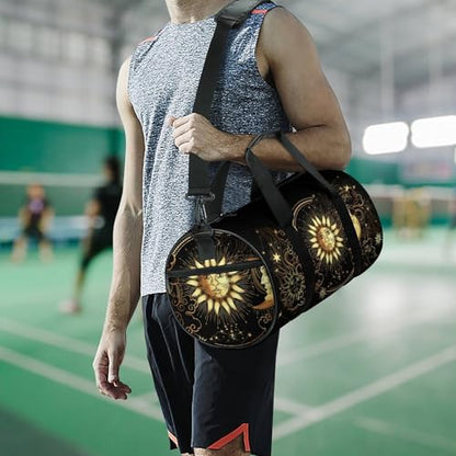 Sun Crescent Moon Stars Astrology Tarot Cards Cylindrical Portable Fitness Bag, Large Capacity Handbag - color: Sun Crescent moon stars astrology tarot cards