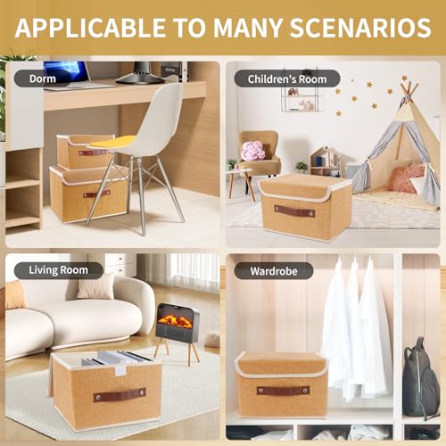Small Storage Bin with Lid Storage Boxes,Collapsible Linen Storage Basket Container with Lid Storage Cube for Organizing Closets(Light brown)