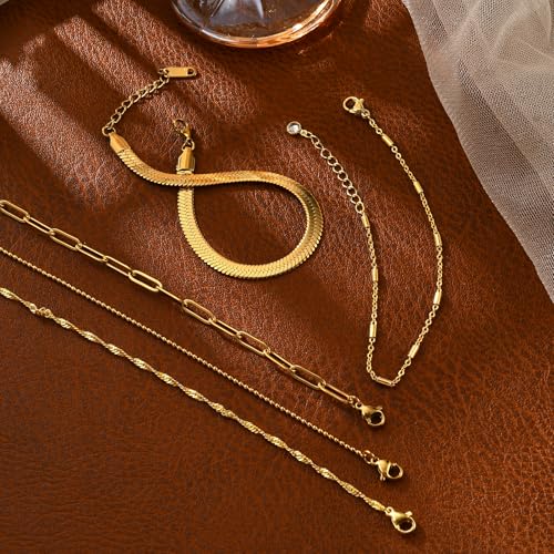 Gold Bracelets for Women, 14K Gold Plated Stackable Bracelet Stack Set Adjustable Charm Paperclip Chain Snake Link Layered Waterproof Jewelry Sets Gifts - style: Bracelets Set /7