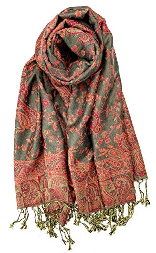 Plum Feathers Tapestry Ethnic Paisley Pattern Pashmina Shawl Scarf, Womens Pashmina Shawl Wrap with Fringes - color: Khaki Red Floral Paisley