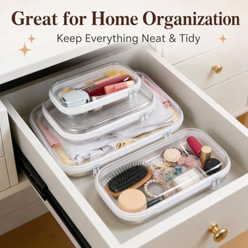 3-Pack Clear Hard Shell Zipper Cases, Crush-Proof Transparent TSA Approved Organizer Bags for Makeup, Cosmetics, Toiletry, Diaper, Toys, Tech & Art Supplies Small Medium Large
