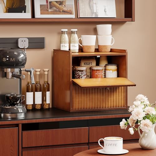 Trironsun Rustic Bread Box for Kitchen Countertop Bamboo Bread Storage Container Bin Double Layer BreadBox Farmhouse Large Capacity Food Organizer (Brown) - color: Brown