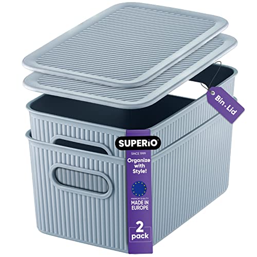 Superio Ribbed Collection - Decorative Plastic Basket Open Home Storage Bins Organizer, Blue Container Boxes for Organizing Closet Storage Bins for Shelves (Bin with Lid- Medium (5 Liter), 2 Pack) - size: 2 Pack, style: Bin with Lid- Medium (5 Liter)