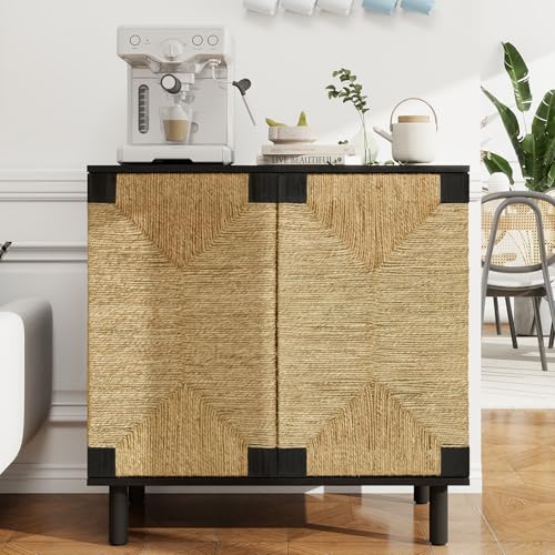 Small Accent Cabinet with Doors - Sideboard Buffet Cabinet with Storage, Coffee Bar/Media/TVCabinet with 2 Door, 31.5" Boho Wood Credenzas for Living Room, Hallway, Kitchen, Beacon & Black - color: Black Set 1