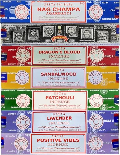 Satya Incense Gift Set Nag Champa, Super hit, Dragon's Blood, Sandalwood, Patchouli, Lavender, Positive Vibes 15gms x 7 Packs | for Meditation, Yoga, Healing, Aromatherapy, Relxation, Spirituality | - color: 7 Pack Set
